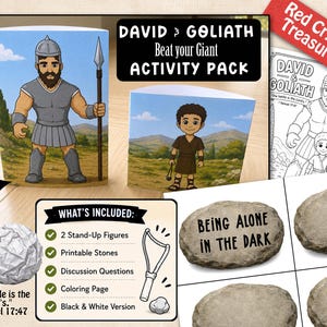 May include: A David and Goliath activity pack featuring two stand-up figures of a warrior and a boy, a coloring page, and printable stones. The set includes text reading David & Goliath Beat your Giant Activity Pack and The battle is the Lord's.