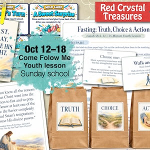 May include: A religious educational kit featuring printed lesson cards, activity sheets, and three brown paper bags labelled Truth, Choice, and Action. The materials include text such as Fast, Pray, Share His Light, and Oct 12-18 Come Follow Me Youth lesson Sunday school.