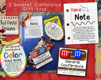 3 LDS General Conference Gift tags, Take note, Make the Most, and Color your world