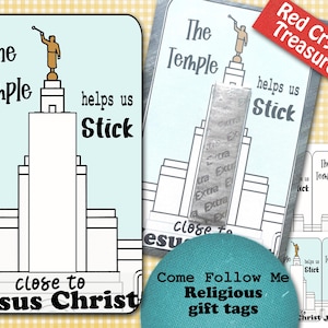 May include: Religious gift tags featuring a temple illustration with the text "The Temple helps us Stick" and "close to Jesus Christ." The tags have a light blue background and are designed for religious gifting.