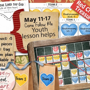 以下が含まれることがあります： 「Love the Lord Thy God」と「May 11-17 Come Follow Me Youth lesson helps」のテキストが入った教育資料。ゲームピース、ギフトタグ、レッスン計画が含まれています。ハート型のグラフィックと黒板が特徴です。