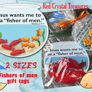 Jesús quiere que sea un "pescador de hombres", lección de la primaria SUD, etiquetas de regalo "Ven, sígueme", galleta de pez dorado y pez sueco