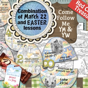 Pode incluir: Uma colagem de lições religiosas com tema de Páscoa. A imagem central diz "Combinação de 22 de março e lições de PÁSCOA". Outros elementos incluem ilustrações em forma de ovo com versículos bíblicos, uma barra de chocolate e o texto "Red Crystal Treasures."