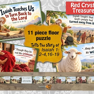 May include: An 11-piece floor puzzle titled Red Crystal Treasures that tells the story of Isaiah 1: 2-4, 16-19. The puzzle features illustrations of Isaiah, people in a landscape, red yarn, and a white sheep, with text including Isaiah Teaches Us to Turn Back to the Lord.