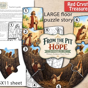 Puede incluir: Un rompecabezas de suelo grande titulado From the Pit to Hope Jeremiah 31-38, con seis piezas numeradas que ilustran escenas bíblicas. Incluye una guía para el maestro en una hoja de 8.5x11 y una etiqueta Red Crystal Treasures.