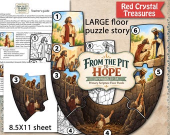 Puede incluir: Un rompecabezas de suelo grande titulado From the Pit to Hope Jeremiah 31-38, con seis piezas numeradas que ilustran escenas bíblicas. Incluye una guía para el maestro en una hoja de 8.5x11 y una etiqueta Red Crystal Treasures.
