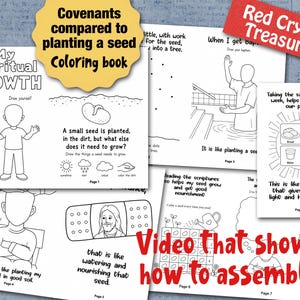 May include: A collection of black and white coloring book pages with the title "Covenants compared to planting a seed Coloring book". The pages feature illustrations and text about spiritual growth, including planting seeds and baptism. The text "Red Crystal Treasures" is also visible.