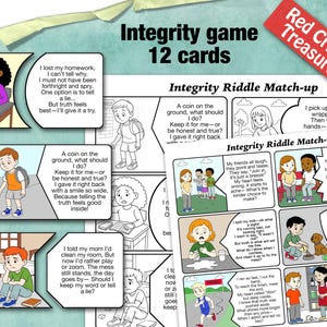 Op de afbeelding: Een set van 12 Integrity-spelkaarten met illustraties en tekstprompts. De kaarten bevatten scenario's over eerlijkheid en het maken van goede keuzes, met de woorden "Integrity Riddle Match-up" en "Red Crystal Treasures".
