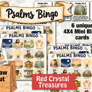 May include: A set of six 4x4 Psalms Bingo cards featuring colorful illustrations of biblical themes, including a brown paper bag labeled Draw out, a red banner labeled Red Crystal Treasures, and individual cards with text like Psalm 28:1 and 46:1.