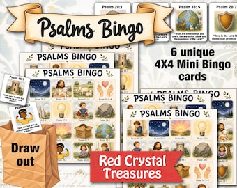 May include: A set of six 4x4 Psalms Bingo cards featuring colorful illustrations of biblical themes, including a brown paper bag labeled Draw out, a red banner labeled Red Crystal Treasures, and individual cards with text like Psalm 28:1 and 46:1.