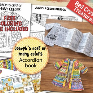 May include: An assortment of craft supplies featuring the theme of Joseph's Coat of Many Colors. Includes a coloring page, an accordion book, and a colorful paper coat cutout. The text "FREE COLORING PAGE INCLUDED" is visible.
