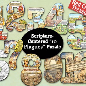 May include: A vibrant puzzle set illustrating the numbers 1 to 10, each with a biblical scene. The puzzle is labelled "Scripture-Centered '10 Plagues' Puzzle" and includes the text "Red Crystal Treasures". The illustrations are colourful.