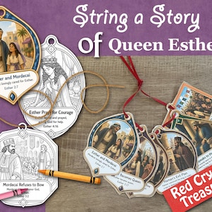 May include: A collection of decorative tags featuring the text String a Story Of Queen Esther. The set includes colourful illustrations and black-and-white line art designs depicting biblical scenes, each with a hole for hanging with string.