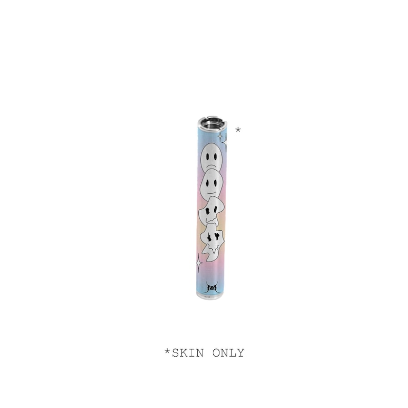 May include: A cylindrical vape pen skin with a gradient of pastel colors, featuring a repeating pattern of melting smiley faces. The top of the pen is silver. The text "* SKIN ONLY" is at the bottom.