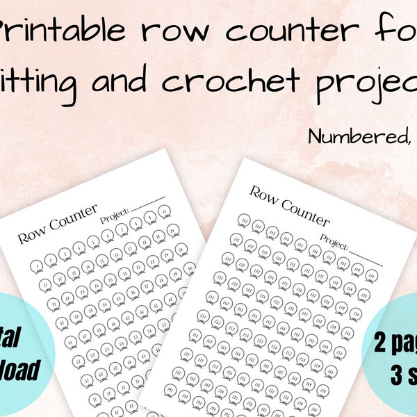 Digital row counter for knitting and crochet projects, printable download, numbered counter