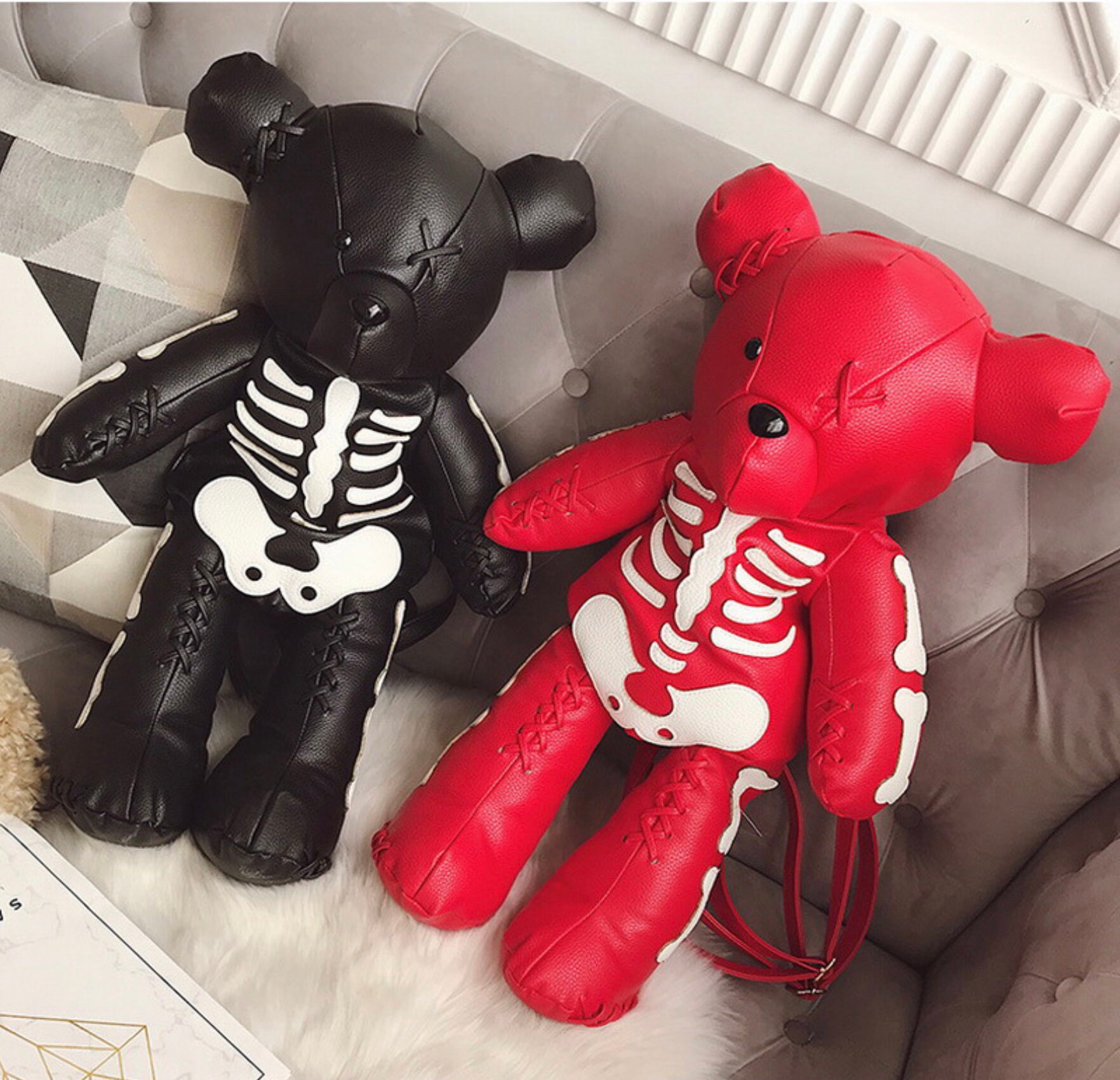 black leather teddy bear backpack
