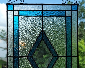 Geometric Teal Stained Glass Panel