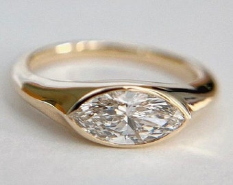 Classic 1.25 CT Marquise Cut Moissanite Signet Ring Engagement Ring 14k Solid Yellow Gold Ring East-West Bezel Setting Signet Ring For Gift