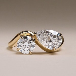 Art Deco Twisted Shank Toi Et Moi Engagement Ring, Pear and Round Cut Moissanite Two Stone Wedding Ring, Double Stone Ring, Anniversary Ring