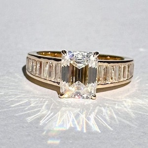 Vintage Art Deco 4.05 TC Emerald Cut Solitaire,14k Solid Yellow Gold Ring,Channel Set Half Eternity Band,Baguette Cut Shoulders,Trend Setter
