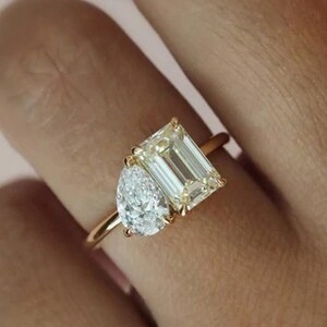 Pear And Emerald Cut Moissanite Diamond Toi Et Moi Engagement Ring,Unique Double Stone Ring,Sterling Silver-14K Gold Ring
