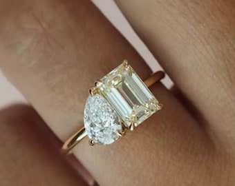 Pear And Emerald Cut Moissanite Diamond Toi Et Moi Engagement Ring,Unique Double Stone Ring,Sterling Silver-14K Gold Ring