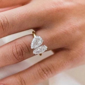 2.8 TC Pear & Marquise Cut Two Stone Ring|You-N-Me Ring|14k Solid Gold Statement Ring|Toi-Et-Moi Ring|Handmade Gold Jewelry|Anniversary Gift