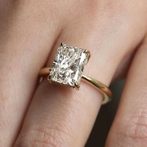 Art Deco 3.18 TC Crushed Ice Radiant Cut Moissanite Solitaire 14k Solid Yellow Gold Engagement Ring Hidden Halo 4 Claw Prongs Gift For Women
