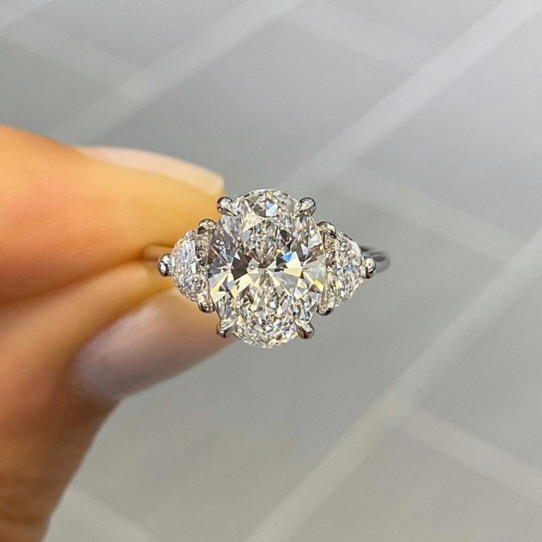 Moissanite Three Stone Engagement Ring, Oval Cut Wedding Ring Half Moon ...
