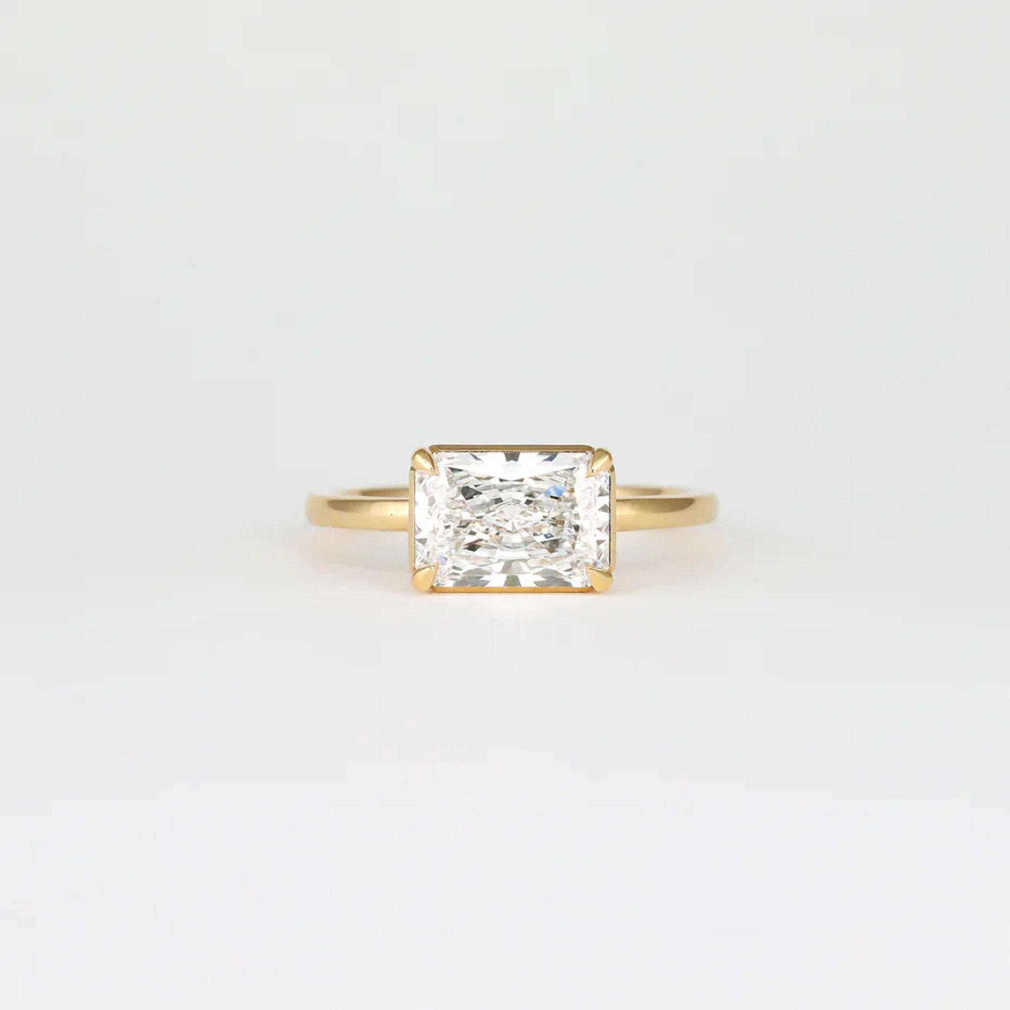 1.75 CT East To West Radiant Cut Solitaire-Iced Out Radiant Cut Moissanite-14k Solid Yellow Gold-Lovely Semi Bezel-Minimalist Bridal Jewelry
