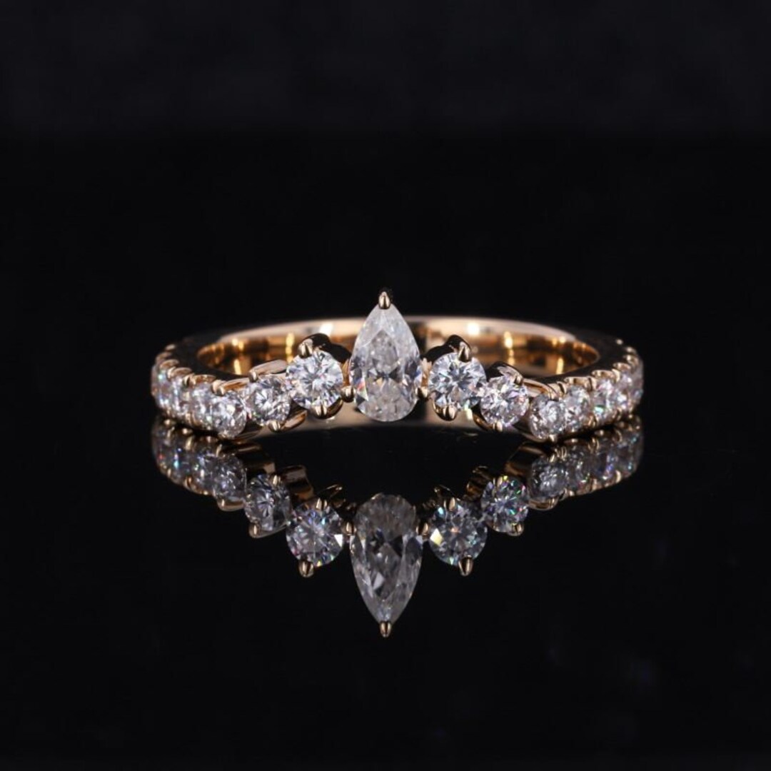 Pear and Round Cut Moissanite Wedding Band Women Yellow Gold Unique ...