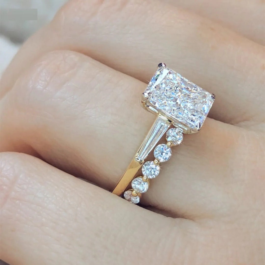 3.5 CT Radiant and Baguette Moissanite Wedding Ring Set 14K Gold ...