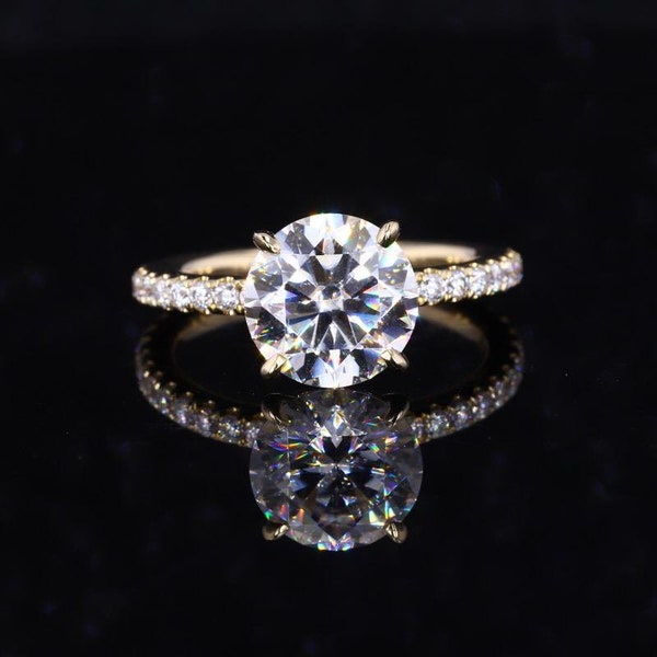 Anillo de compromiso Moissanite de corte redondo de 3 ct, anillo de compromiso redondo Moissanite, anillo de aniversario del anillo de bodas, anillo de oro de 14K para ella, 4 puntas