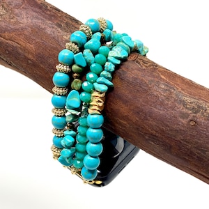 Turquoise Beaded Apple Watch Band, Elastic Stretch Band with Gold Accents