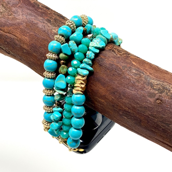 Turquoise Beaded Apple Watch Band, Elastic Stretch Band with Gold Accents