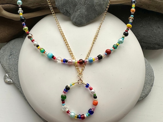 Colourful Bead Pendant Necklace Set Plastic and Glass Beads Gold Plated Chain Circle Pendant Upcycled Beads Colourful Beaded Pendant Etsy Canada