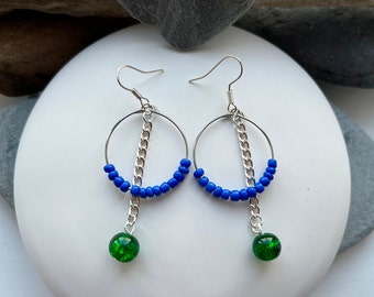 Green glass bead dangly hoop earrings, statement earrings, blue seed beads, stainless steel hoops, boho jewellery, upcycled boho jewellery