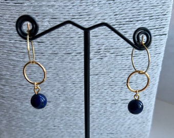 Lapis lazuli bead gold hoop earrings, stainless steel hoops, gold hoop earrings, gemstone bead jewellery, boho beads, blue gemstone earrings