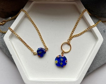 Blue floral Murano glass jewellery set, blue glass pendant, gold plated necklace, glass bead bracelet, upcycled handmade jewellery set