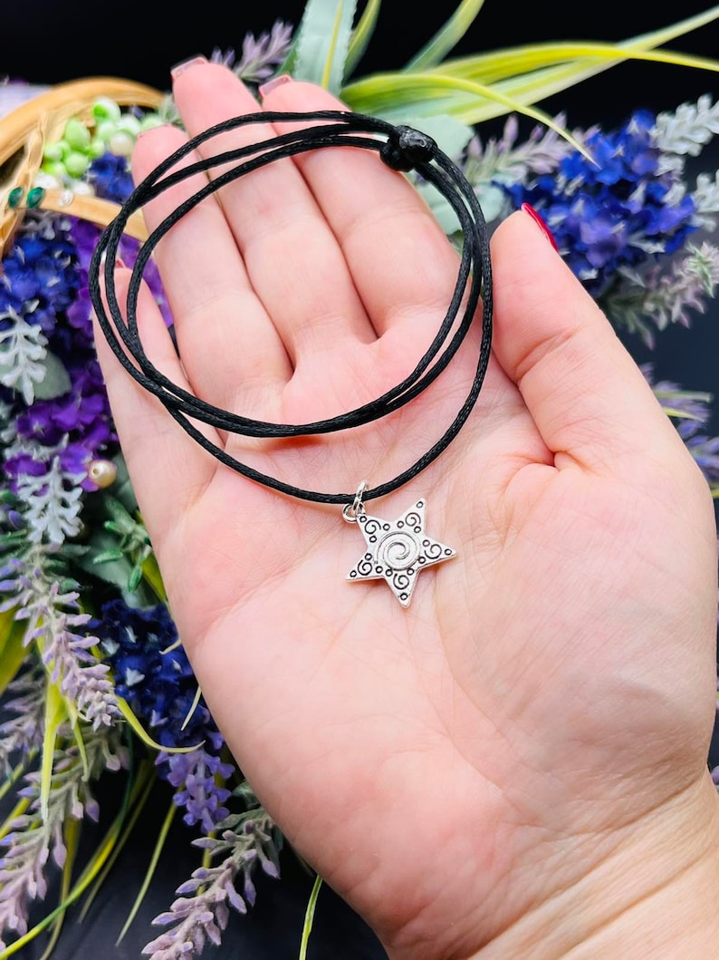 Star choker, Star necklace, Star charm choker, Black cord necklace, Swirl choker, Swirl necklace, Black string choker, Charm choker necklace