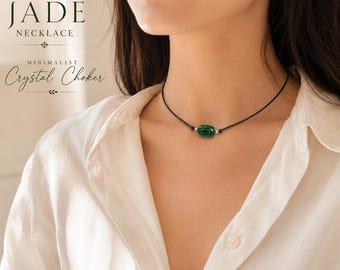 Green Jade Choker Necklace, Minimalist Jade Necklace, Adjustable Black Cord Choker, Tiny Jade Pendant Protection Necklace, Gift for Her