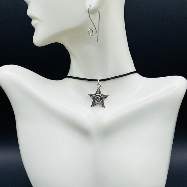 Star choker, Star necklace, Star charm choker, Black cord necklace, Swirl choker, Swirl necklace, Black string choker, Charm choker necklace