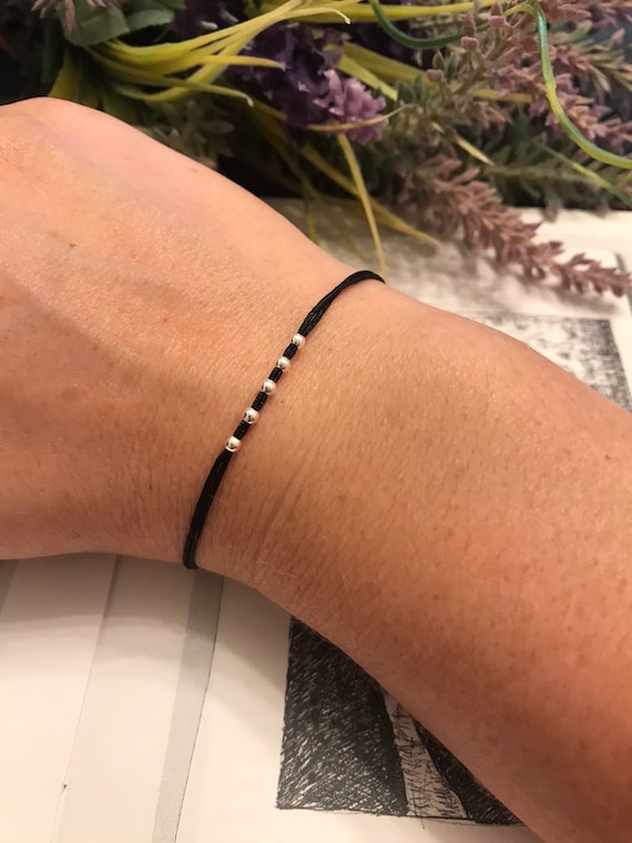 Black String Bracelet, Black String 5 Sterling Silver Beads