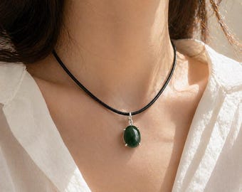 Dark Green Jade Necklace, Jade Pendant, Protection Necklace, Adjustable Cord Choker, Minimalist Silver Necklace, Y2K Jewelry, Gift for Her