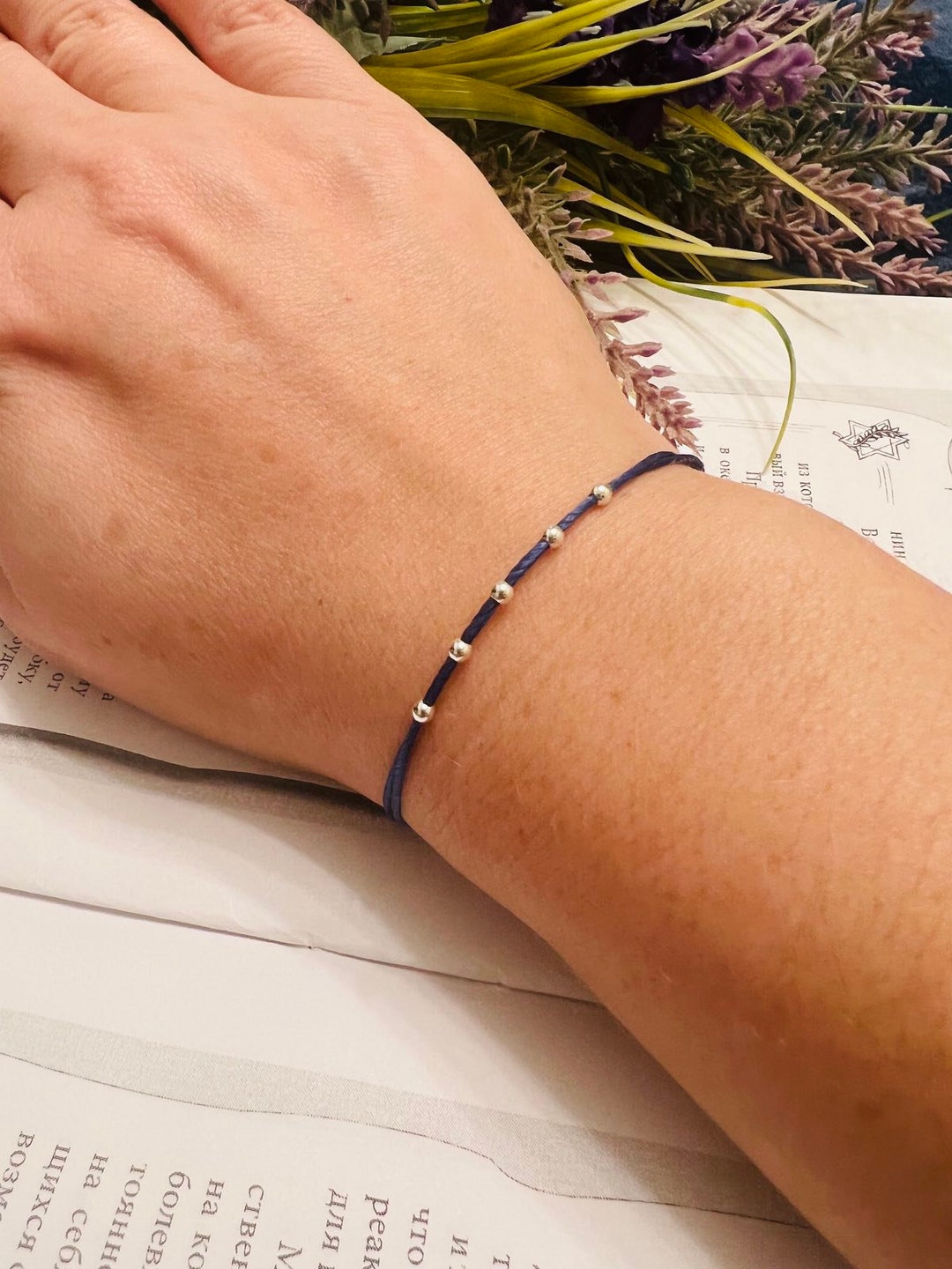 Navy Blue String Bracelet, Navy Blue String 5 Sterling Silver Beads