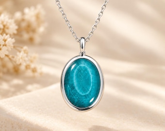 Sterling Silver Blue Agate Necklace, Natural Agate Pendant, Oval Gemstone Jewelry, Minimalist Blue Stone Necklace, Gift for Her