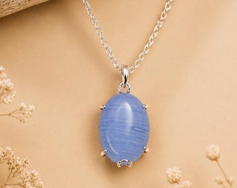 Sterling Silver Blue Agate Necklace, Agate Pendant, Adjustable Black Cord, Protection Necklace, Minimalist Gemstone Jewelry, Gift for Her