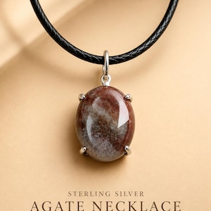 Collar de ágata de plata de ley, collar con colgante de ágata pequeña, gargantilla de cordón negro, joyería minimalista de piedras preciosas, regalo de cristal protector para ella.