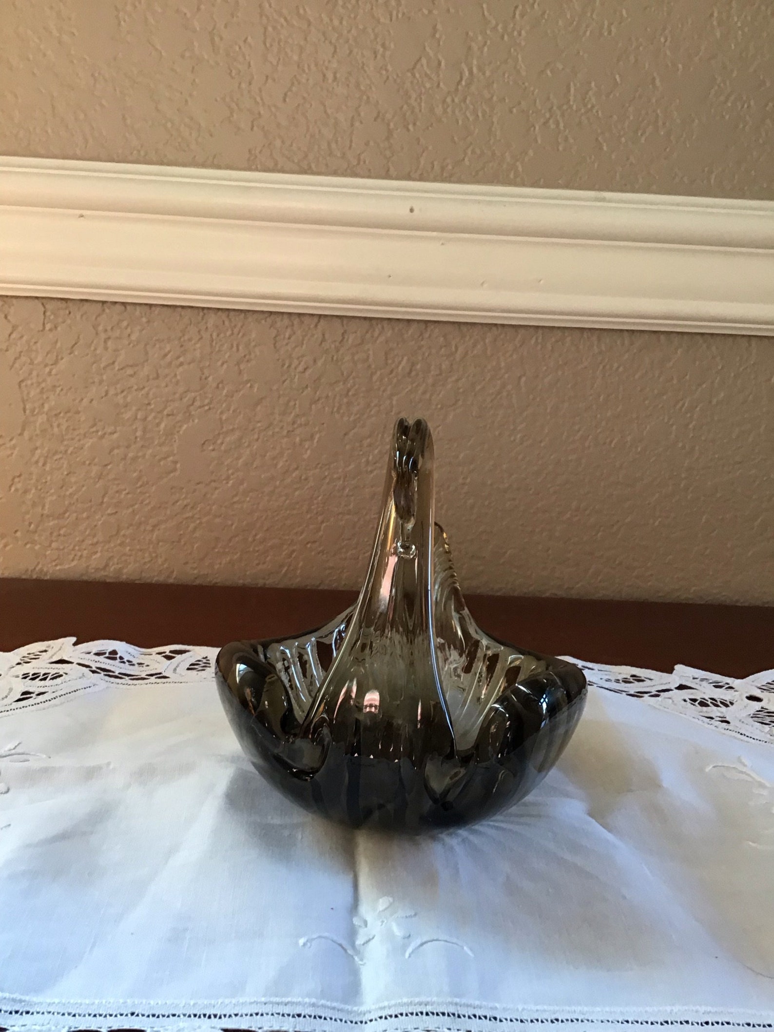 Vintage Hand Blown Smoke Glass Swan Bowl Etsy