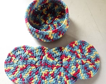 COLORFUL BOHO COASTERS in a Bowl! Set of Four Crochet Coasters, Cork Bottom Coasters, Absorbent Coaster Set, Protective Drink Coasters.